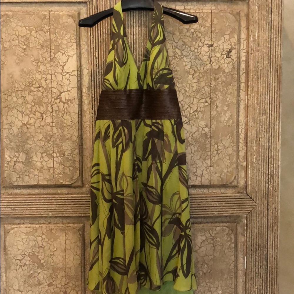 Green and brown floral day dress